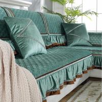 家柏饰(CORATED)毛绒沙发垫四季通用皮沙发防滑坐垫子简约现代时尚沙发套罩 暖熙-松绿 70*180cm+花边
