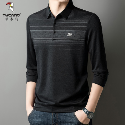 啄木鸟2025春季新款男士中老年爸爸装商务休闲polo衫长袖翻领上衣