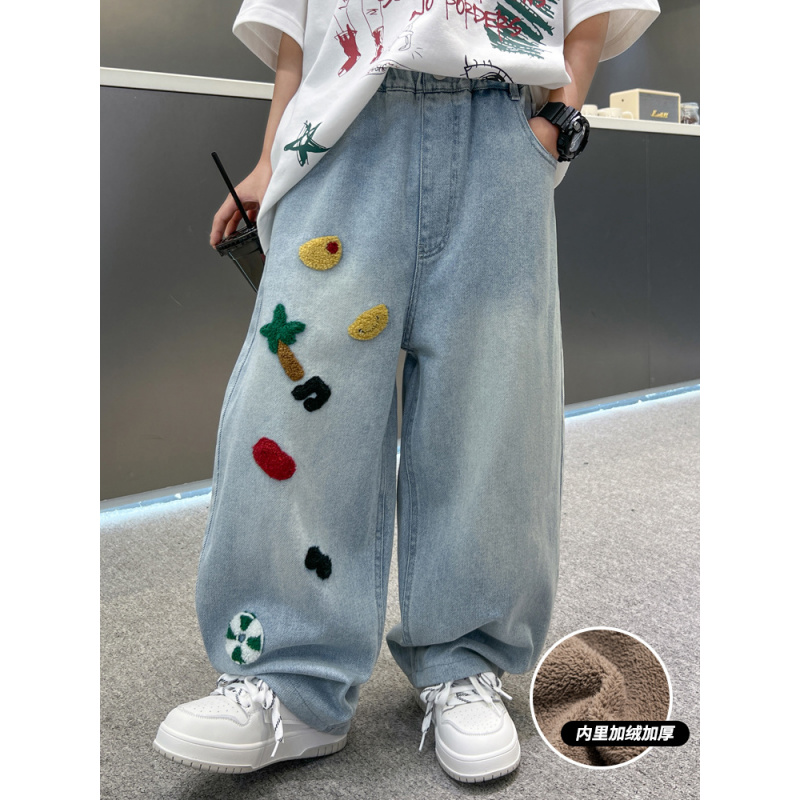 男童裤子秋冬装新款儿童秋季男孩直筒牛仔裤大童加绒加厚长裤