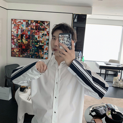 梵克公牛2021年男士新款拼罗纹衬衫上衣夏季男士韩版流宽松拼接长袖白衬衣外套B181图片色M()默认颜色默认尺寸