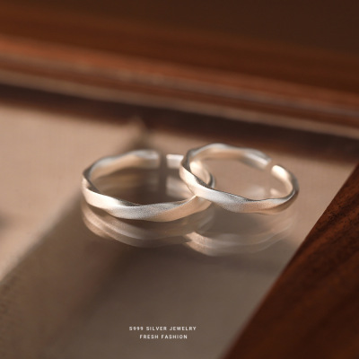 [循环]简约磨砂扭纹s999纯银小众情侣戒指足银开口对戒礼品代发送女朋友老婆情人节七夕生日礼物