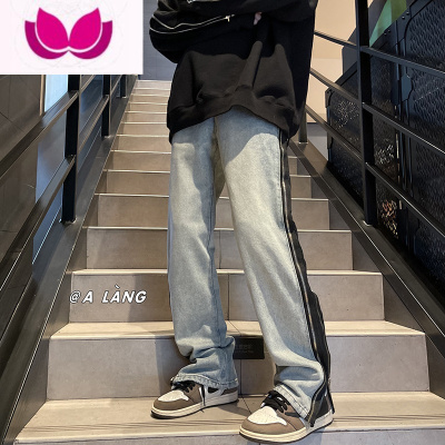 七斓美式拉链牛仔裤男高街个性开叉直筒裤潮牌vibe痞帅嘻哈长裤子
