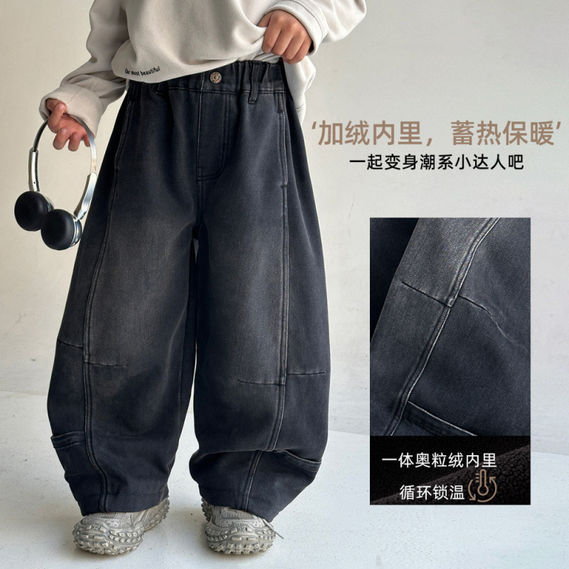 男童秋冬款牛仔裤加绒加厚新款中大童冬装一体绒儿童直筒裤子