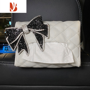 三维工匠车载纸巾盒座椅背挂式遮阳板车上网红轻奢时尚汽车内用餐巾抽纸盒 满钻蝴蝶结-白色皮革纸巾包