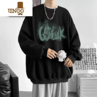 YANXU圆领卫衣男士ins潮牌黑色无帽长袖t恤宽松2023新款港风外套