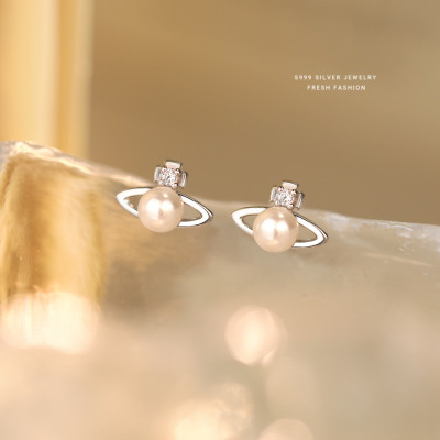 极简风锆石圆珠星球耳钉女s999纯银百搭轻奢高级感足银耳饰养耳洞送女朋友老婆情人节七夕生日礼物