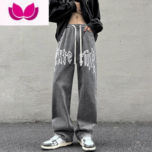 七斓松紧腰牛仔裤男宽松直筒潮牌ins高街裤子设计感高级痞帅美式复古