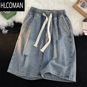 HLCOMAN抽绳松紧腰破洞牛仔短裤男夏季街头潮牌宽松直筒大码休闲五分中裤