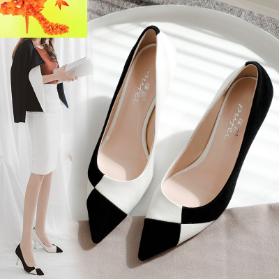 2020新款春秋单鞋女尖头拼色高跟鞋时尚浅口女鞋细跟性感皮鞋子简畅休闲鞋