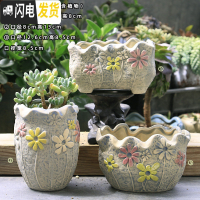 三维工匠多肉花盆陶瓷粗陶透气简约肉肉植物创意复古大小口径花盆 繁华似锦三件套 大花盆容器