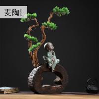 美帮汇中式禅意风化木陶瓷家居仿迎客松盆景客厅办公装饰工艺品摆件