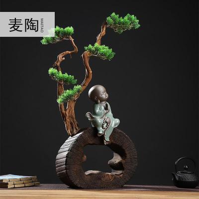 美帮汇中式禅意风化木陶瓷家居仿迎客松盆景客厅办公装饰工艺品摆件