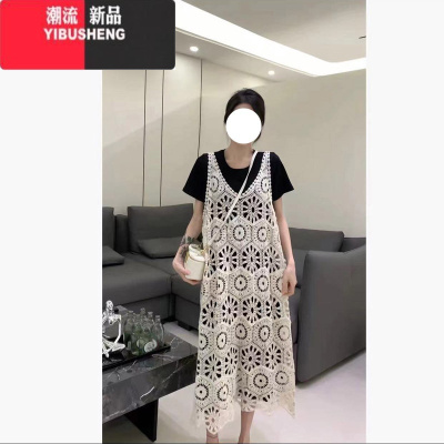 YIBUSHENG复古钩花镂空连衣裙女季2024新款罩衫裙叠穿气质无袖吊带裙长裙