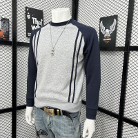 冬季新款男士加绒加厚条纹拼接圆领卫衣帅气时尚百搭韩版打底上衣