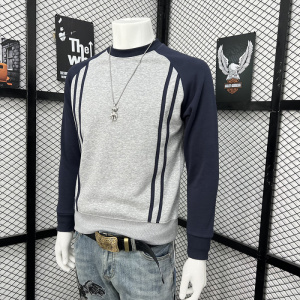 冬季新款男士加绒加厚条纹拼接圆领卫衣帅气时尚百搭韩版打底上衣