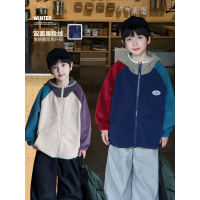 童酷男童冬款时尚贴标拼色连帽上衣双面奥粒绒保暖儿童外套