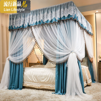 蚊帐床帘一体式家用带支架全封闭强遮光公主风1.8m床落地床幔加厚 三维工匠
