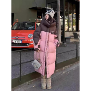 年冬季新款韩版棉衣外套连帽中长款加厚保暖棉服宽松拼色外套