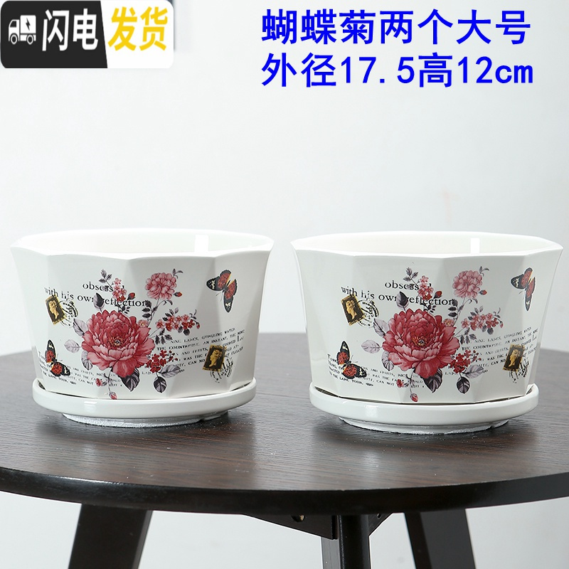 三维工匠花盆陶瓷创意个性两个大号特大号带托盘家用绿萝多肉花盆 菱角蝴蝶菊两个大号 大花盆容器