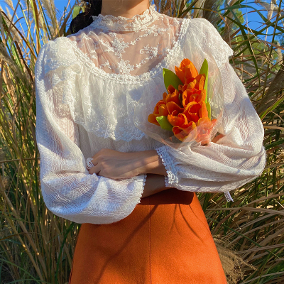 广赫法式甜美重工艺蕾丝衬衫韩范chic大翻领花边白色早春上衣女衬衣衬衫