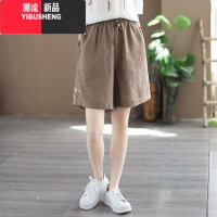 YIBUSHENG季薄款亚麻短裤女复古刺绣松紧腰休闲裤宽松百搭阔腿显瘦棉麻裤