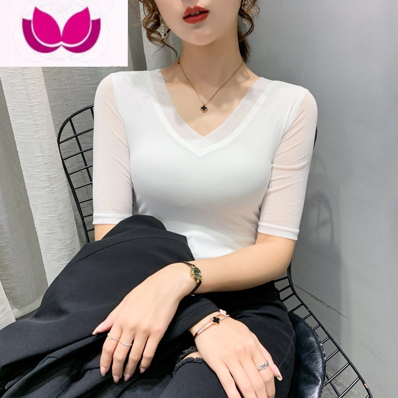 七斓网纱纯色V领t恤女中袖2023新款修身半袖内搭打底衫洋气上衣