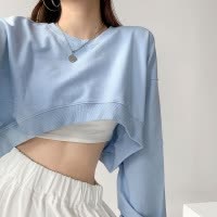 短款卫衣女秋季韩国纯色新款宽松露脐圆领女士上衣女装潮