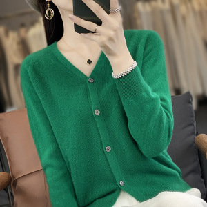 秋冬新款一线成衣V领开衫女款长袖针织衫宽松显瘦无缝针织外套女