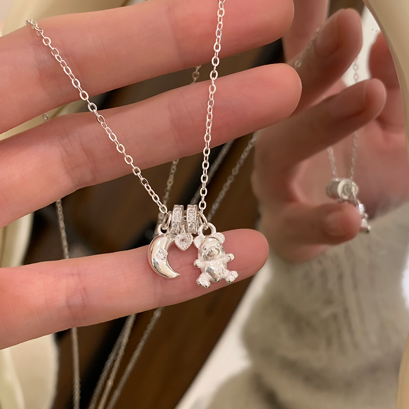 纯银月亮爱心小熊项链高级感轻奢小众可爱甜美锁骨链时尚银饰送女朋友老婆情人节七夕生日礼物