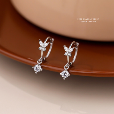 s925纯银超仙镶锆石蝴蝶耳环女精致甜美耳圈时尚简约韩版耳饰潮流送女朋友老婆情人节七夕生日礼物