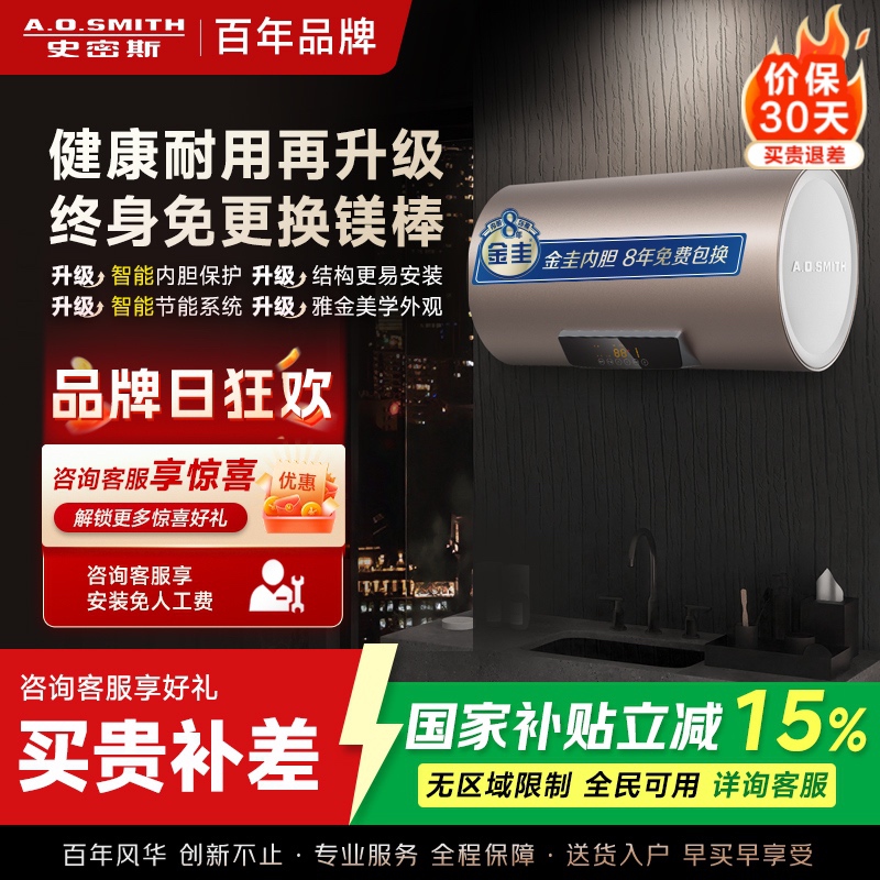 史密斯60升电热水器 国家补贴 专利免更换镁棒 金圭特护内胆 速热节能 CEWH-60ED3 一级能效