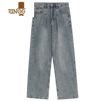 YANXUNDEG美式复古水洗做旧蓝色牛仔裤宽松直筒阔腿坠感拖地老爹裤子男