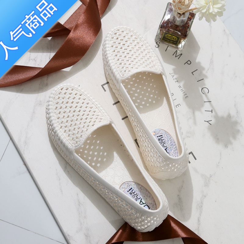 SUNTEK包跟夏季白色护士鞋女镂空平底休闲软底平跟鞋防滑工作鞋上班凉鞋
