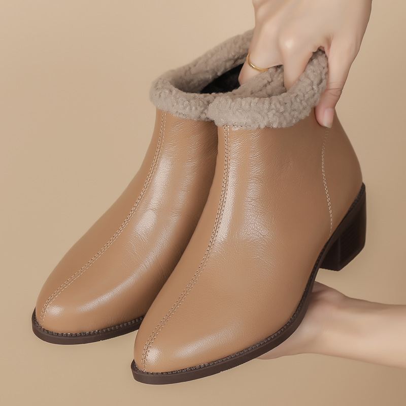 羊皮毛毛靴粗跟保暖短靴女25秋冬新款女靴加绒棉靴简约软底雪地靴