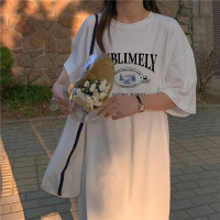 6535棉夏季新款韩版宽松字母印花学生开叉短袖中长款连衣裙女INS