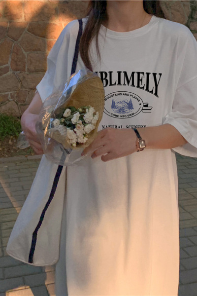 6535棉夏季新款韩版宽松字母印花学生开叉短袖中长款连衣裙女INS