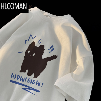 HLCOMAN短袖2025新款五分袖T恤男半袖猫咪宽松体恤国潮休闲上衣