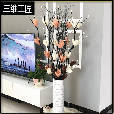 叶脉仿真干花花束假花落地摆件客厅玄关大装饰花插花摆设永生花艺三维工匠雪梅白+咖-不含瓶