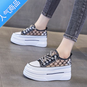 SUNTEK小白鞋女夏季透气内增高女鞋8cm网纱白鞋厚底松糕休闲网鞋