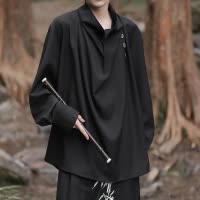 衬衫男中国风痞帅潮牌宽松长袖纯色衬衣青年春秋休闲潮流衬衫上衣