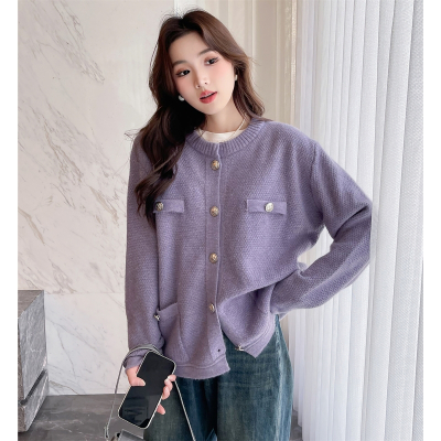 [清仓1折价56.9元,不叠加优惠券]唐狮小香风紫色气质开衫外套女新款初秋慵懒风毛衣针织衫qd