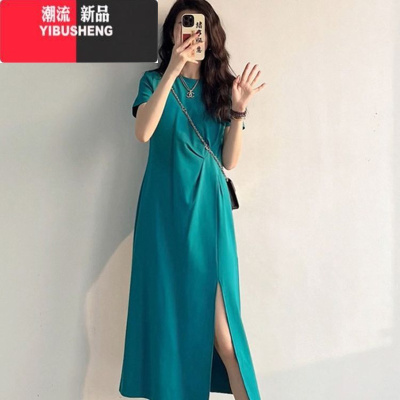 YIBUSHENG胖MM特大码300斤法式短袖连衣裙女季宽松休闲中长款收腰裙子潮2