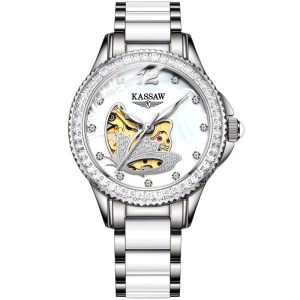 卡梭(KASSAW)手表女士白色新款自动机械表防水时尚商务陶瓷雕花镂空女表 K889L