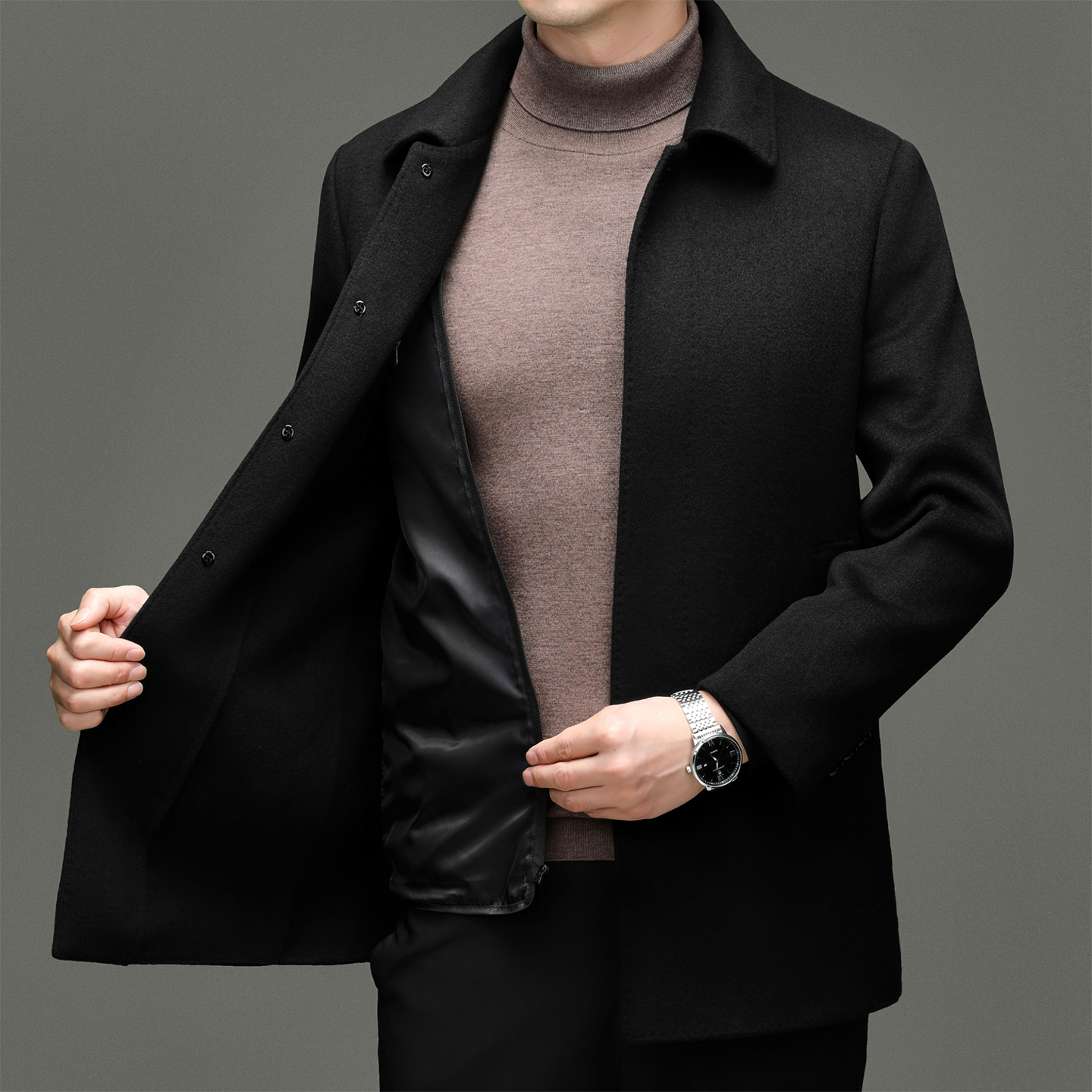 爸爸毛呢羽绒服男士2025新款冬季加厚短款中老年人羊毛呢大衣冬装外套毛呢大衣男中长款冬季爸爸装羊毛呢子外套保暖鸭绒羽绒服