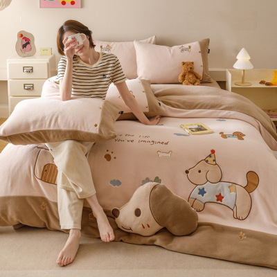 仿羊绒床上四件套冬季加厚牛奶绒床单被套罩家用床笠款床上三件套