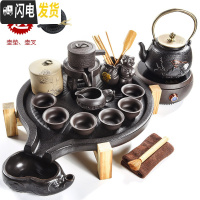 三维工匠陶瓷茶杯功夫实木茶盘石磨茶台茶海日式简约家用紫砂茶具套装 黑陶石磨-禅龙自动铁壶煮茶套装