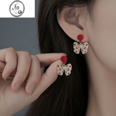 JiMi波点蝴蝶结耳环女2023年新款气质高级感秋冬耳饰防过敏银针耳钉坠