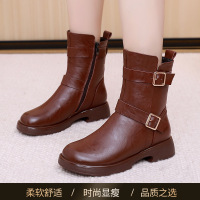 头层牛皮复古英伦风中筒靴女25冬季新款百搭软底短靴舒适加绒棉靴