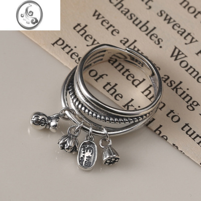 JiMi925银银纳福莲蓬戒指女chic时尚个性百搭推拉可调节国潮指环