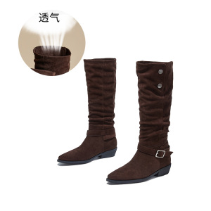 新款尖头靴子长筒靴女冬季粗跟骑士靴复古堆堆靴休闲百搭女靴